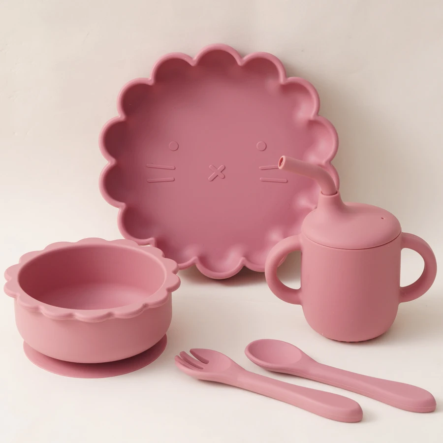 Silicone Feeding Set Color Kids BPA Free Silicone Baby Feeding Set 4Pcs Cartoon Shape Sucker Diishes Plate Suction Bowl Feeding Spoon Fork Sippy Cup Silicone Meal Set Baby Tableware Set