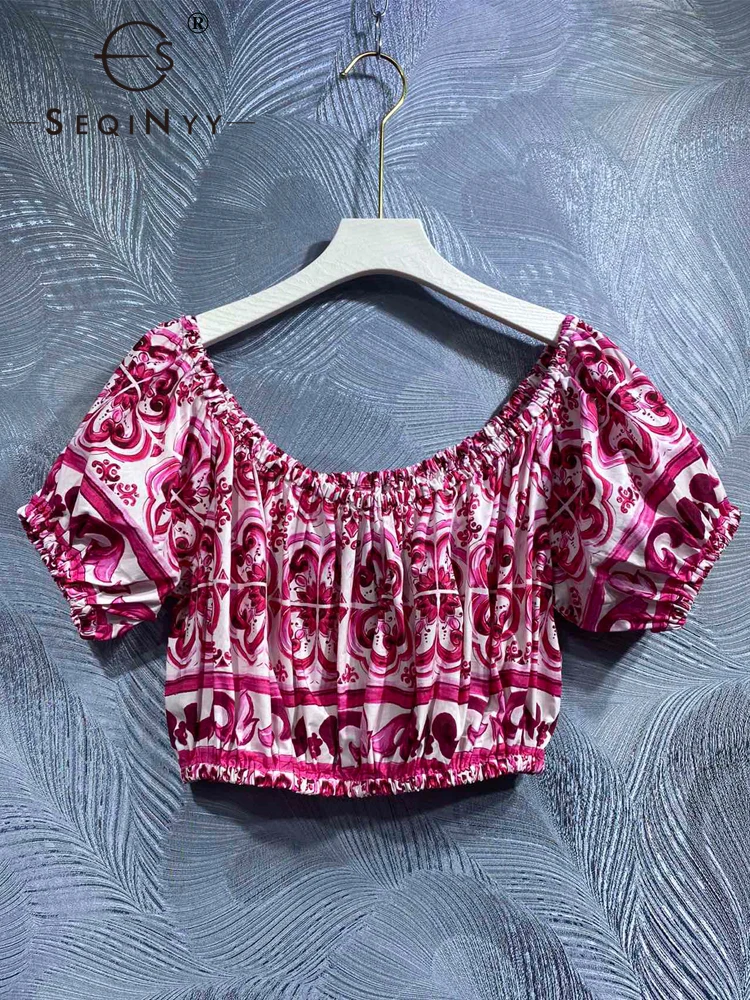 

SEQINYY 100% Cotton Crop Top Summer Spring New Fashion Design Women Runway Vintage Pink Flowers Print Sicily High Quaity