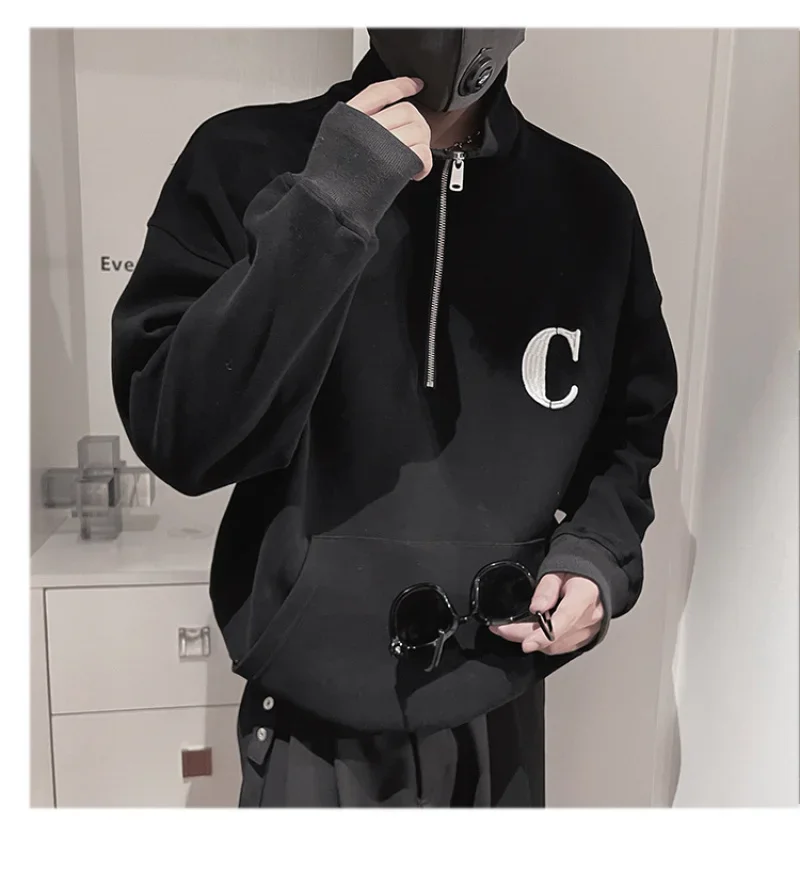 

Мужские черные толстовки на молнии, свитшот с надписью, уличная одежда в стиле хип-хоп, пуловер в стиле Харадзюку, весенне-осенняя мужская толстовка, одежда