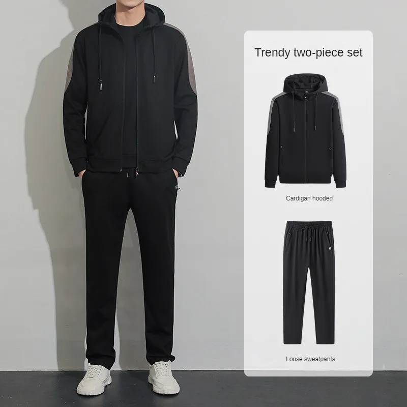 2024Spring and Autumn New Men's Two piece Casual Loose Long sleeved Pants Hooded Cardigan Casual Shirt+Outdoor Running Pants Set
