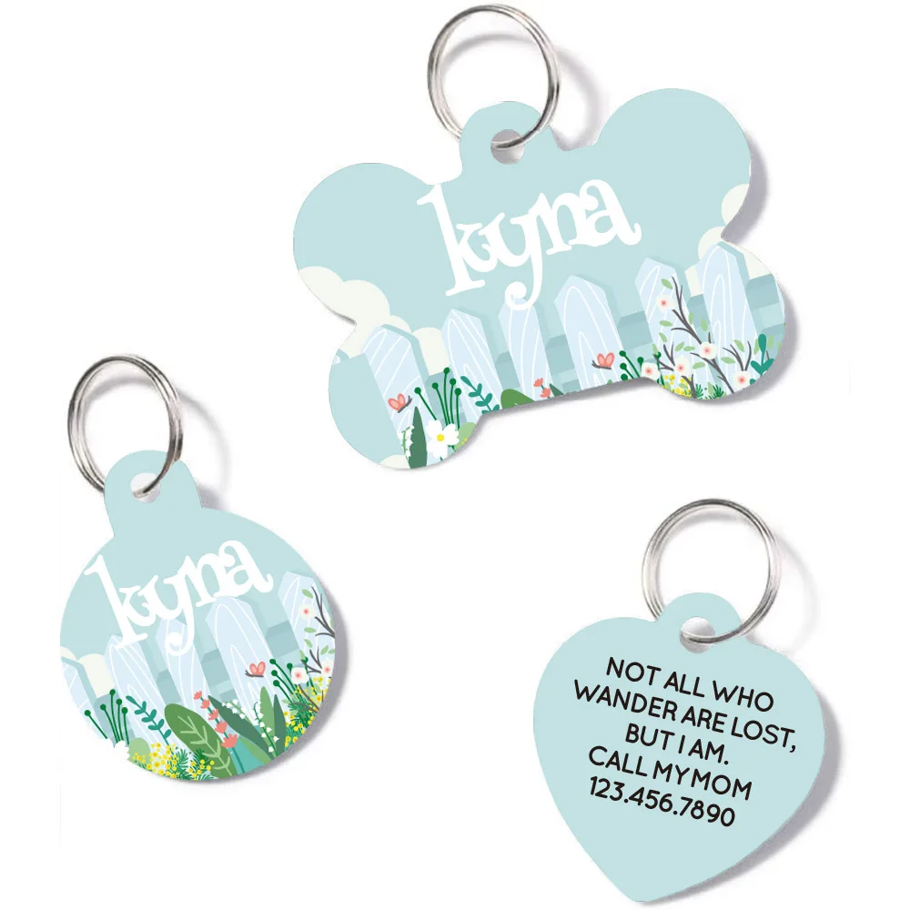 

Personalized Dog Tags with Flowers and Plants Designs, Colorful Design Printed Stainless Steel Pet ID Tags with Custom Name