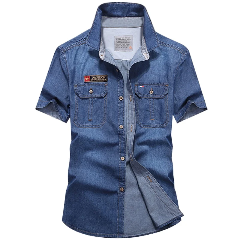 Men Multi pockets Blue Denim Shirts Summer Male Short Sleeve Tooling Shirts Men Cotton Casual Jeans 4XL