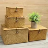 Handmade 4Pcs Set storage basket with lid rectangular seaweed rattan fabric cosmetics multi-purpose container natural box 1