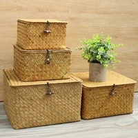 Handmade 4Pcs Set storage basket with lid rectangular seaweed rattan fabric cosmetics multi-purpose container natural box 1