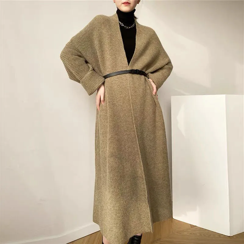 

Autumn Winter Women Long Sweater Coat Simplicity Fashion Elegant Belt Loose Sweater Lady Thick V-Neck Knit Cardigan Sweater