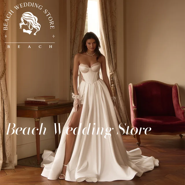 Beach Strapless Sweetheart Neckline Satin Corset Bodice Bridal Dress with High Slit Elegant Floor Length Wedding Gown Customized 1