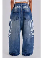 Deeptown Vintage Y2k Jeans déchirés pour femmes, imprimé Harajuku, bleu, baggy, denim délavé, pantalon hip hop grunge streetwear, jeans larges 3