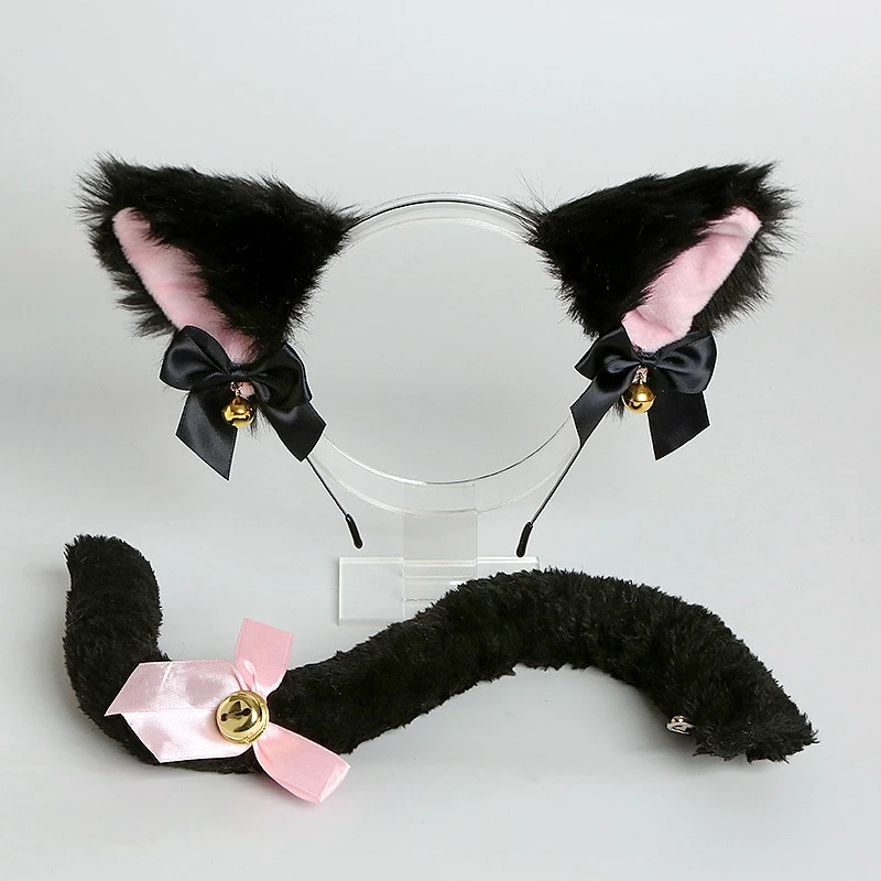 

Cat Wolf Fox Ears Shape Hairhoop Cosplay Costume Tail Headdress with Bell Decor Halloween Birthday Party Set for Kids