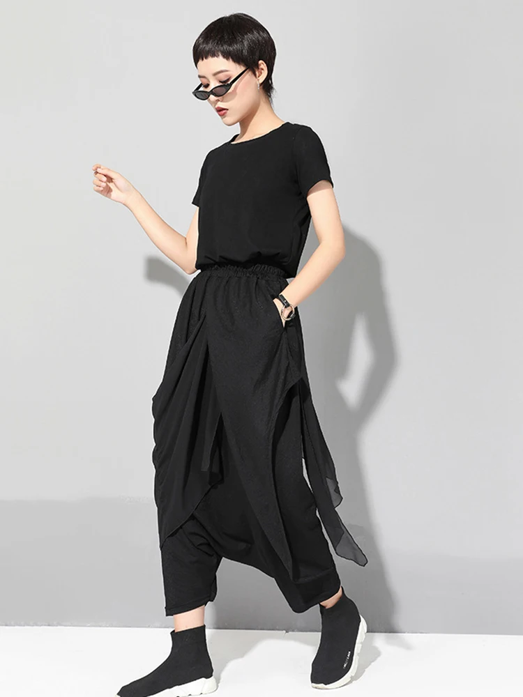 [EAM] High Elastic Waist Black Irregular Long Harem Trousers New Loose Fit Pants Women Fashion Tide Spring Autumn 2026 1DE7835