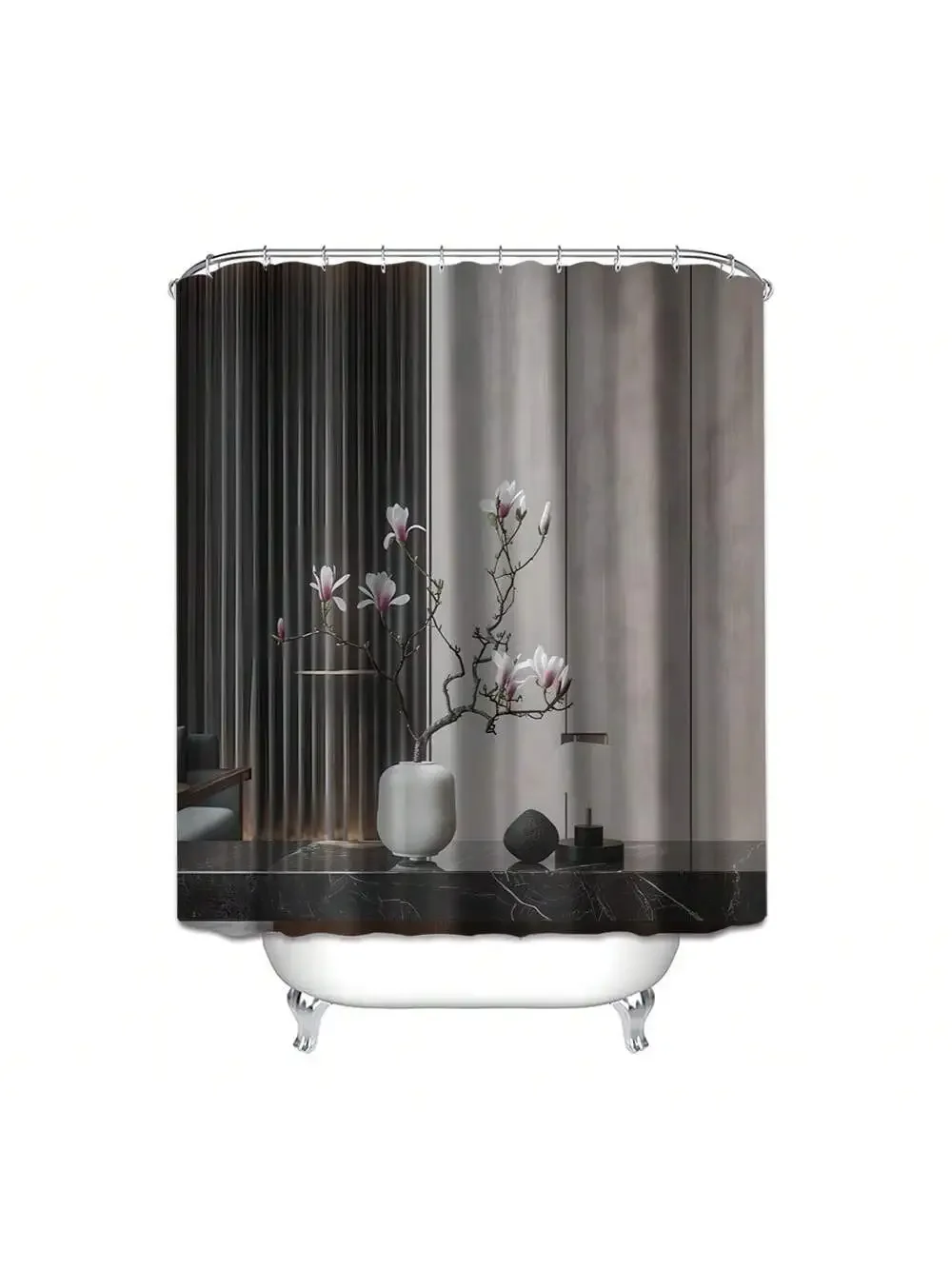4pcs Modern style printing Shower Curtain Set With 12 Hooks, Anti-Slip Bathroom Mat, U-Shaped Toilet Rug, Bathroom Curtain Set 6