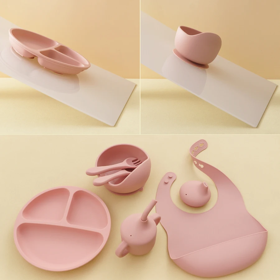 Color Kids 6PCS Silicone Baby Feeding Set Sucker Bowl Dinning Plate Straw Cup Spoon Fork Toddler Dishes Bib Children's Tableware 4
