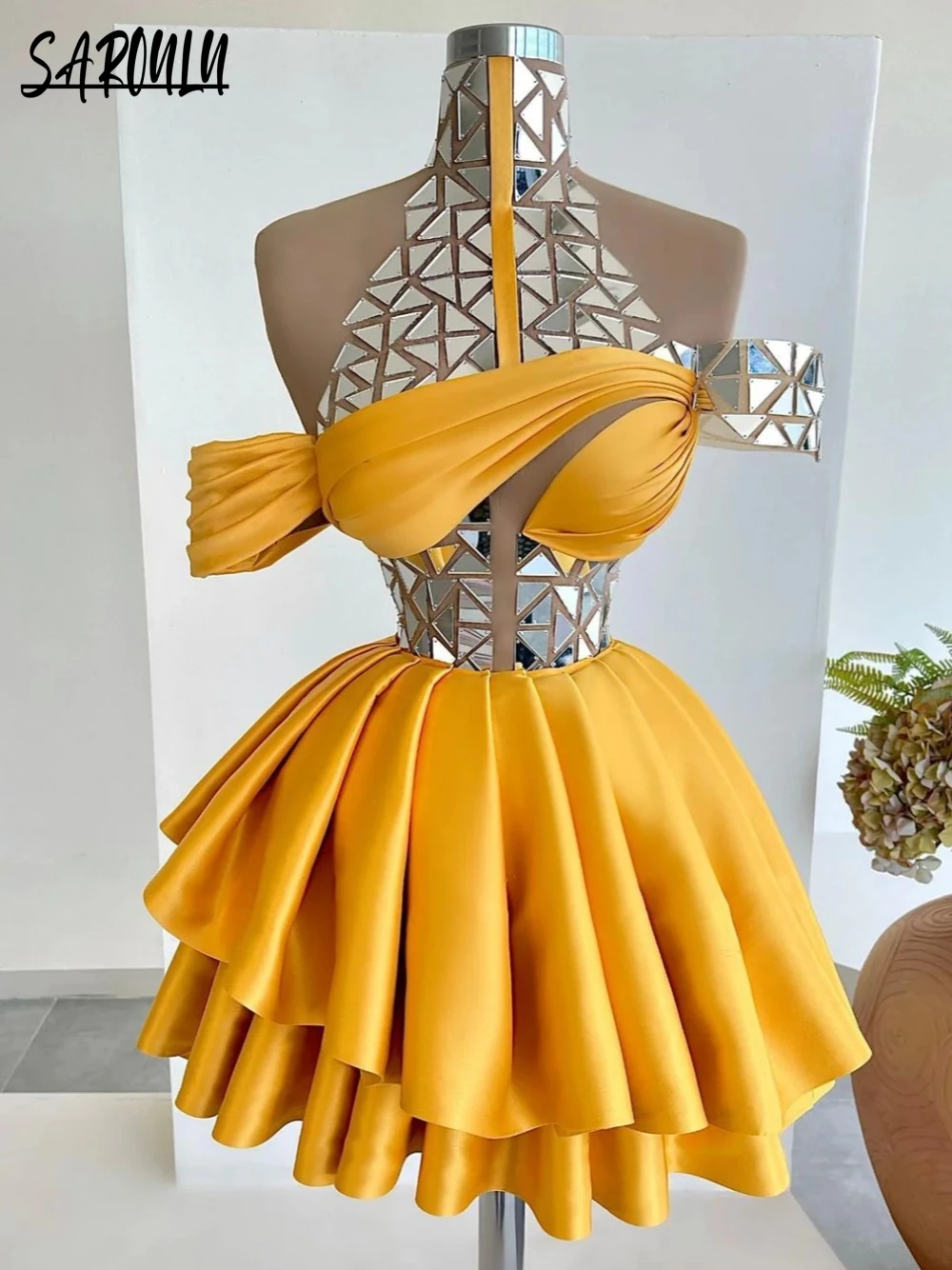 

Classic High Neck Evening Dress Party Birthday Cut Out Sequins Bride Robe Mini A-line Bridal Dresses Vestidos De Novia