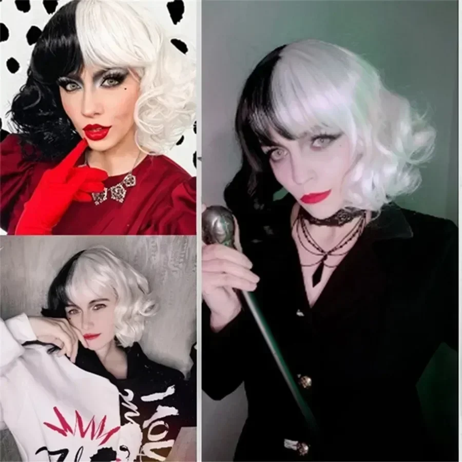 CRUELLA Deville De Vil negro blanco con flequillo Bob corto peluca De pelo  resistente al calor Cosplay disfraz De Halloween peluca para fiesta -  AliExpress, image size:900x900