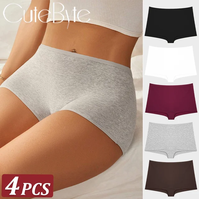 Cozy Cotton Seamless Sports Boxers for Women 4PCS Solid Color Briefs