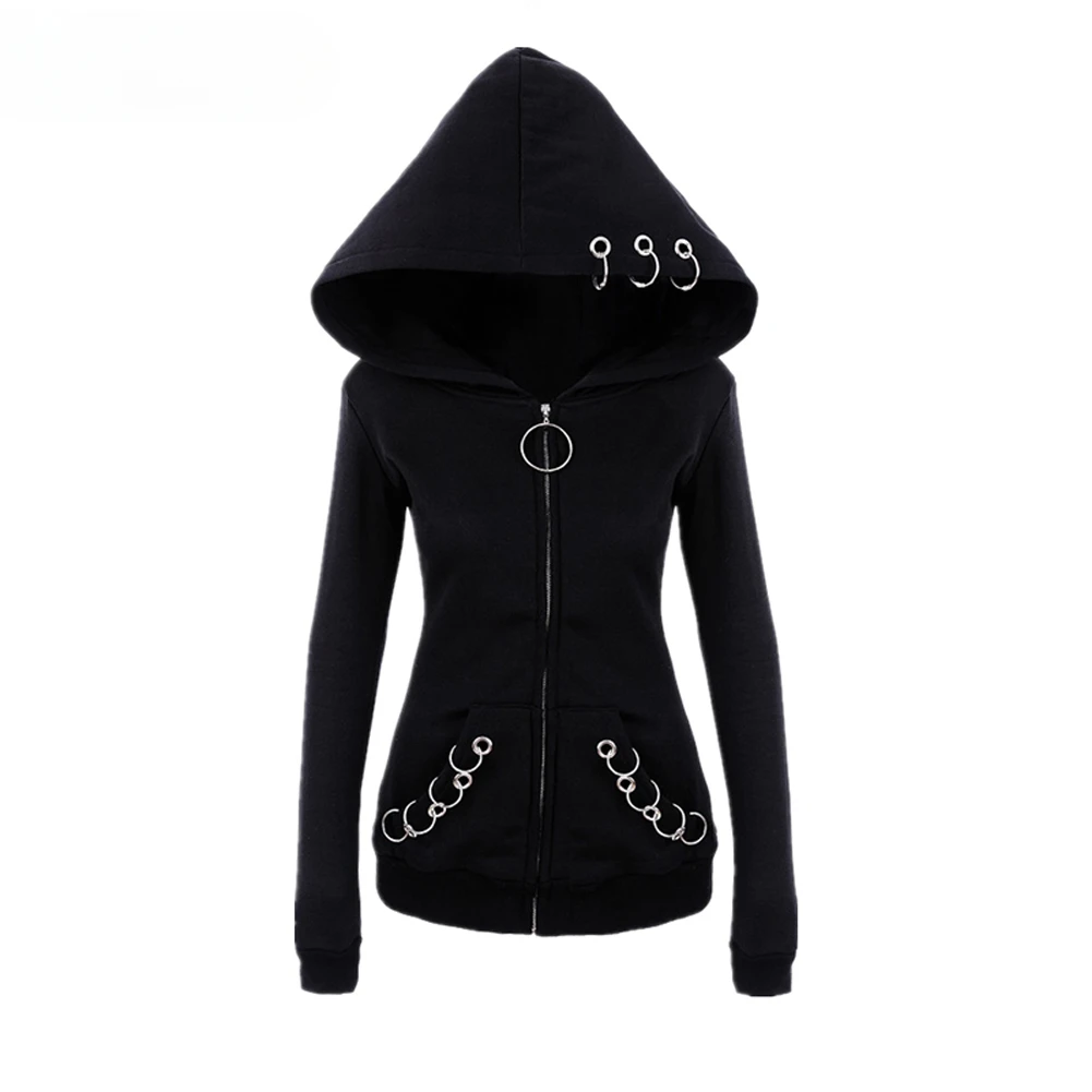 2023 Women Hoodies Gothic Punk Iron Ring Sweatshirts Autumn Winter Long Sleeve Zip-up Black Jacket Zipper Ladies Coat