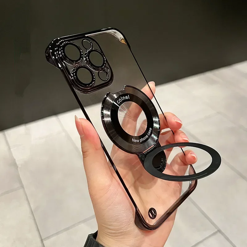 Sleek Borderless Magnetic Case with Folding Holder and Glass Camera Protector