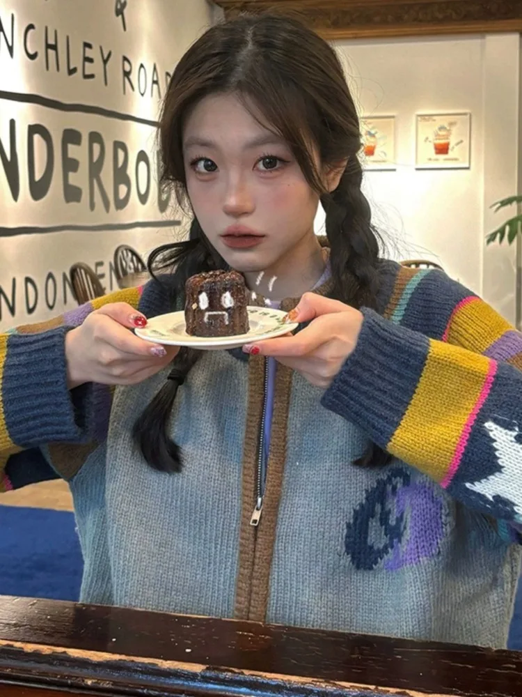 빈티지 스트라이프 가디건, Y2k 미적인 루즈 지퍼 그런지 니트 스웨터, 일본 캐주얼 스위트 레인보우 코트, 대비 색상