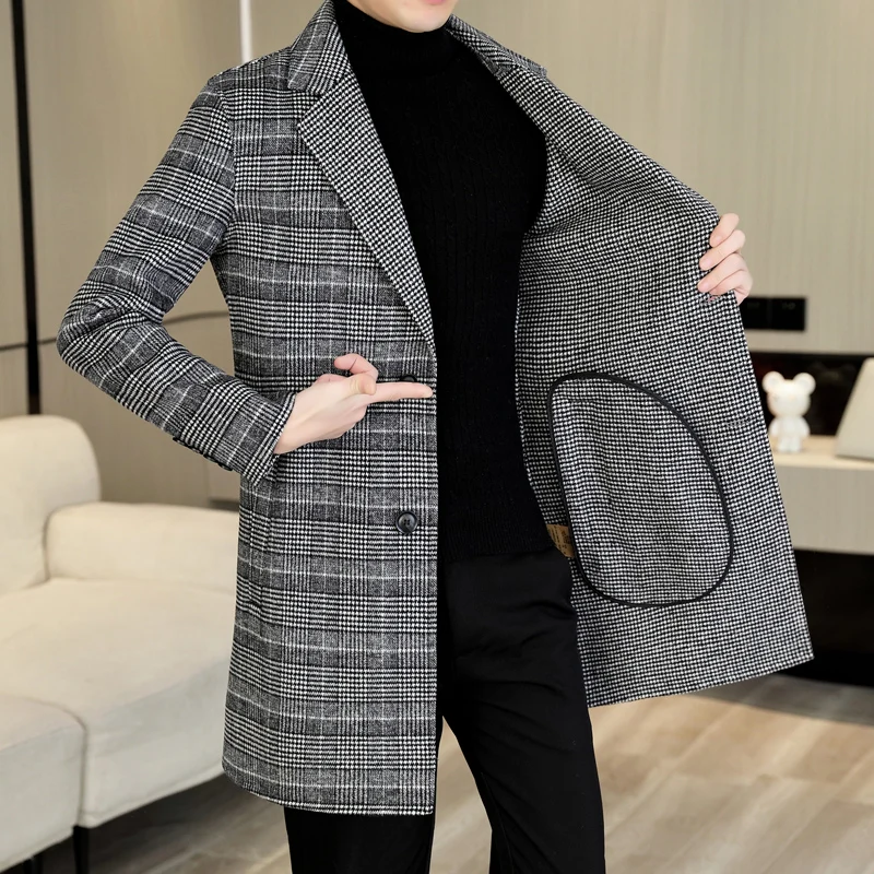Cappotto di lana scozzese di media lunghezza di alta qualità Autunno Inverno Business Casual Giacca a vento di lana da uomo Capispalla Cappotto superiore spesso 1