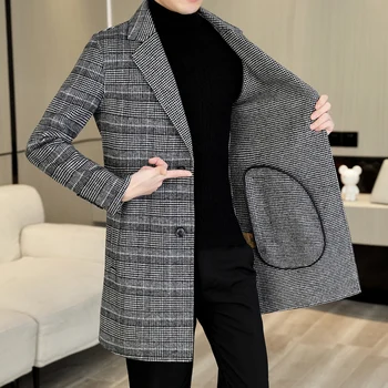 Cappotto di lana scozzese di media lunghezza di alta qualità Autunno Inverno Business Casual Giacca a vento di lana da uomo Capispalla Cappotto superiore spesso 1