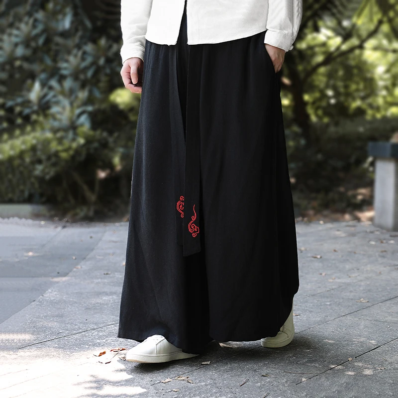 

Men Embroidered Chinese Style Traditional Tang Dress Wide Leg Pants Sinicism Hanfu Loose Casual Cotton Hemp Straight Leg Pants