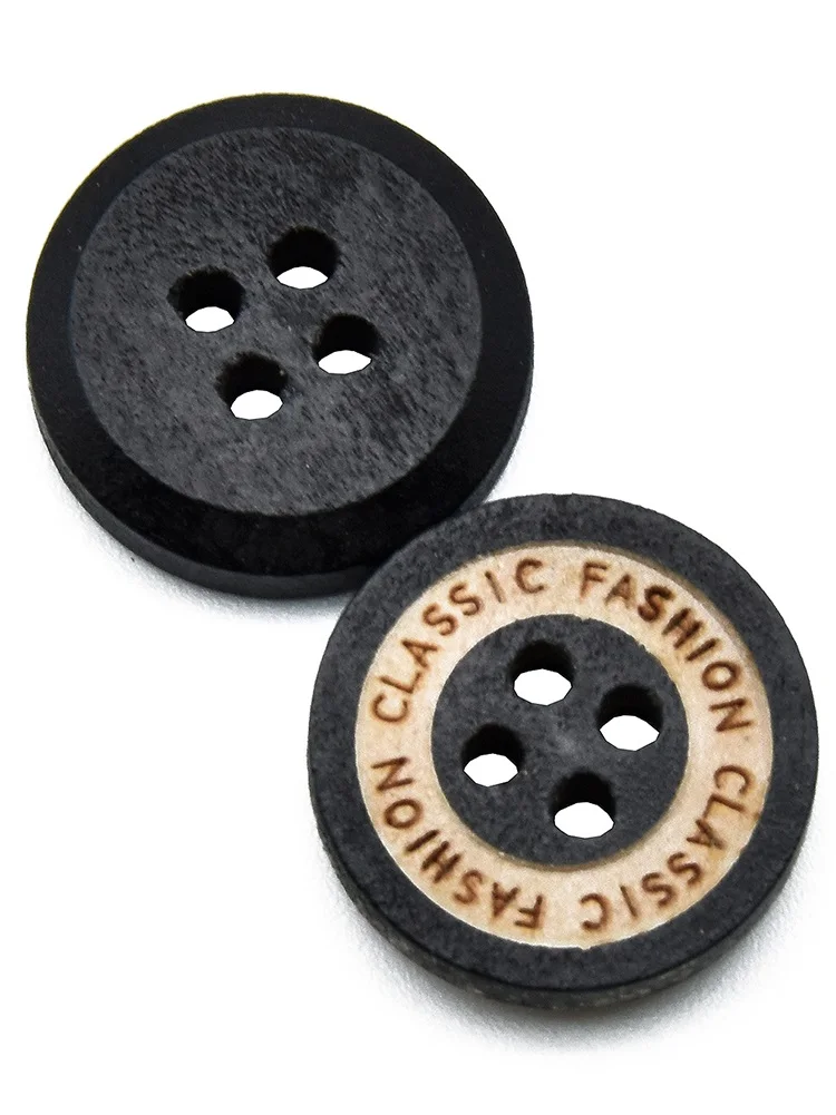 Black Laser Engraved Round Wooden Buttons for Sewing and Crafts, 4 Holes, 15mm, 30-Pack or 60-Pack