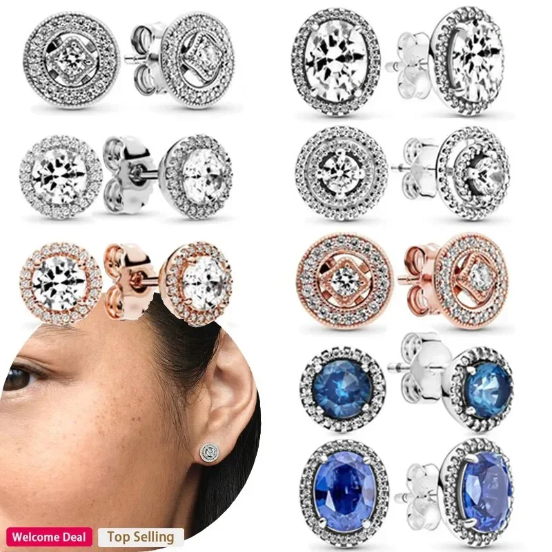 

2023 Popular Original Women's 925 Silver Inlay Round Shining Double Ring Earstuds Light Luxury Fashion Charm DIY Jewelry