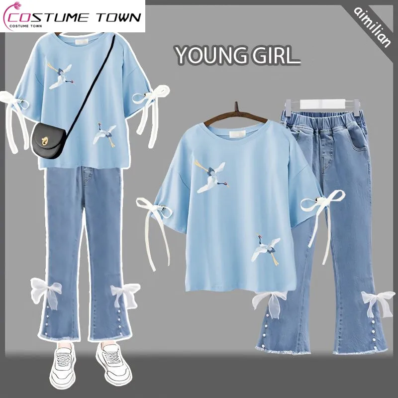 Korean Version Sweet Middle School Girls' Single/Set Summer New Short Sleeve T-shirt Temperament Set Fashion Loose Two Piece Set middle school my brother is a big fat liar