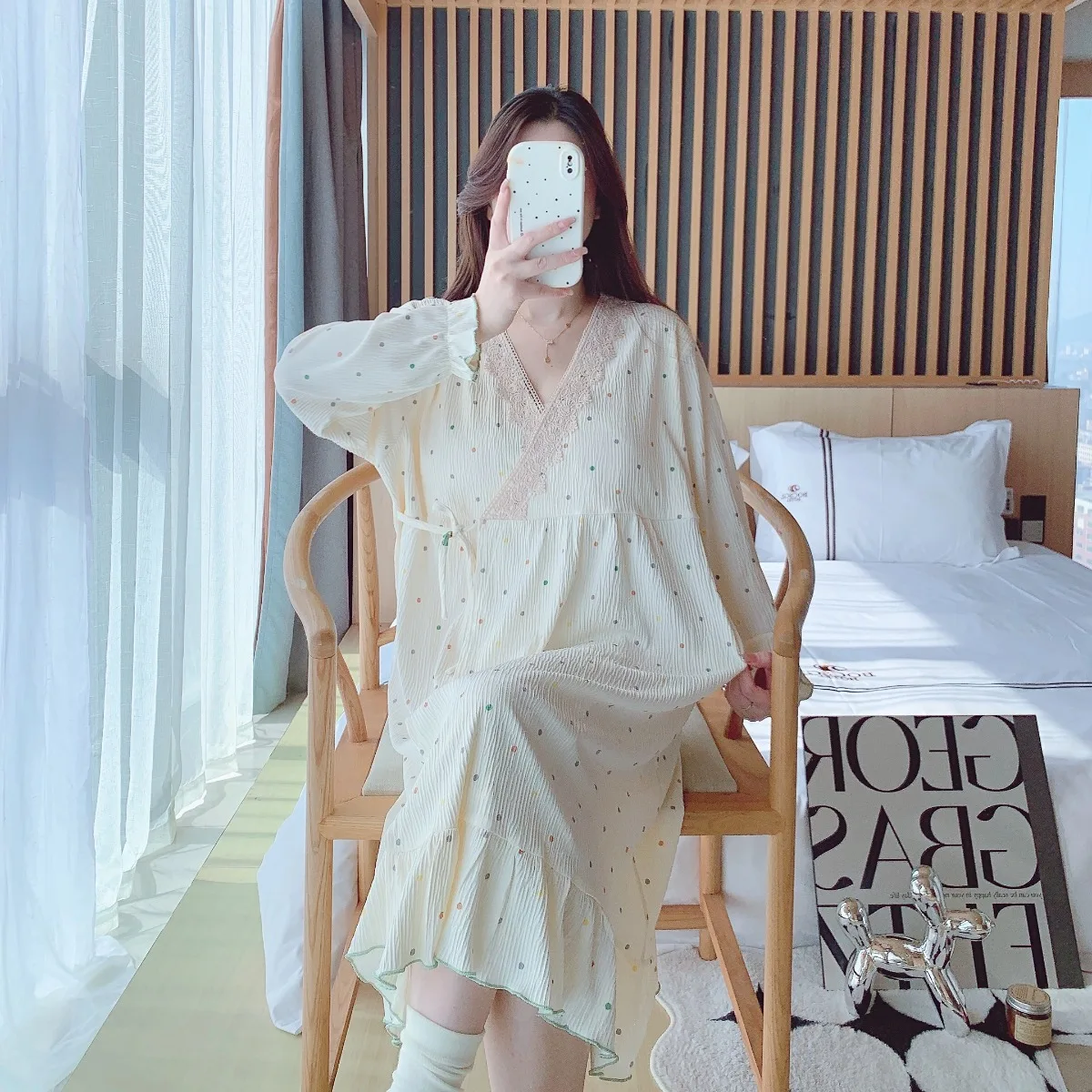2025 Summer Pregnant Women Clothes Fashion Sweet Lace Patchwork V-neck Maternity Nursing Nightgowns Sleep Lounge Dress Lactation 5