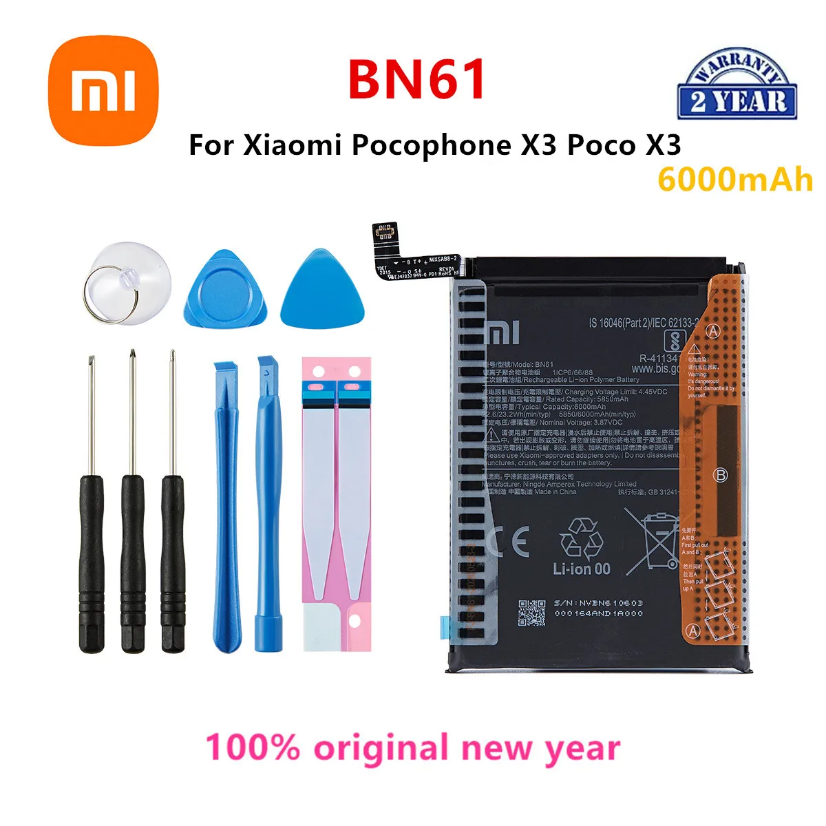 

Xiao mi 100% Orginal BN61 6000mAh Battery For Xiaomi Pocophone X3 Poco X3 Phone Replacement Batteries+Tools