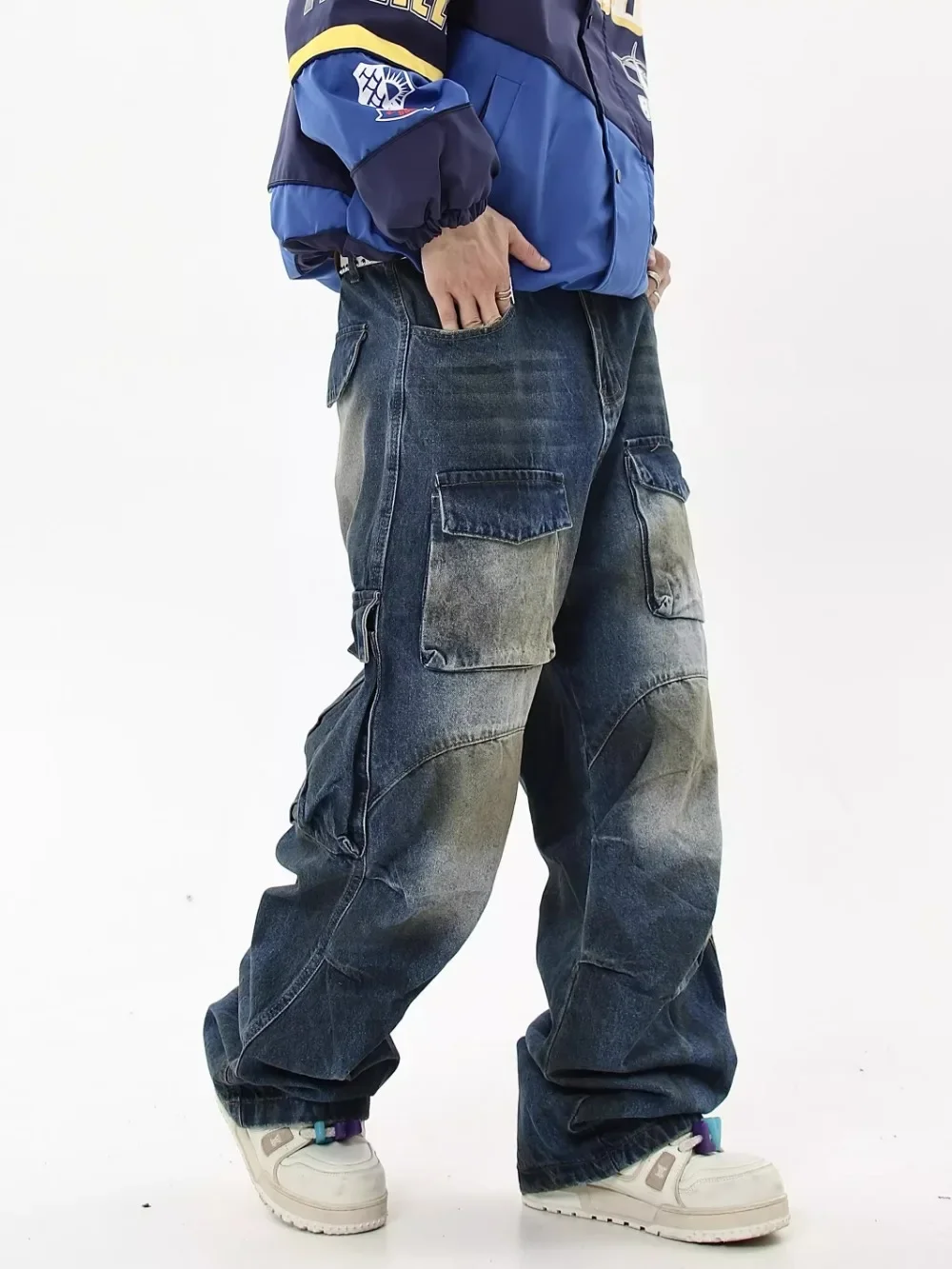 Dirty Fit Baggy Jeans Men's Straight Pleated Multi-pocket Streetwear Men Distressed Cargo Pants