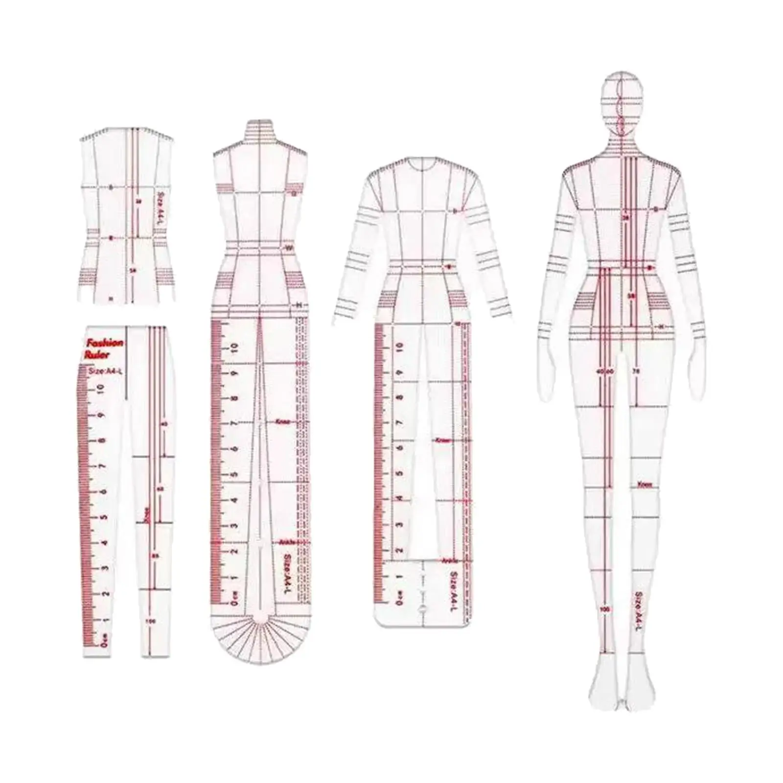 Fashion Drawing Ruler Measuring Ruler Set Template Patterns for Dressmaking DIY Quilting Sewing Drafting Designers 4Pcs