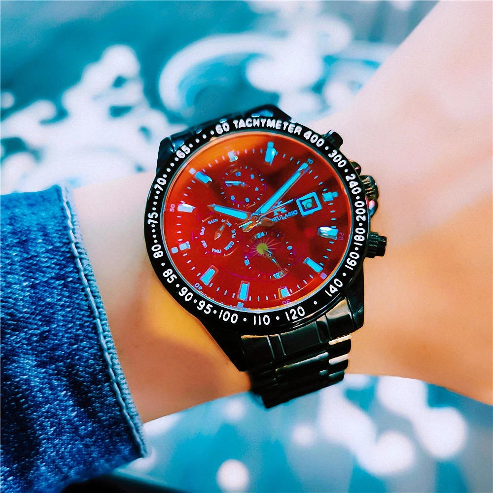 AOKULASIC Fashion Multifunctional Automatic Watch or Men Week Display Moon Phase Red Light Coat Mechanical Watches Steel Strap