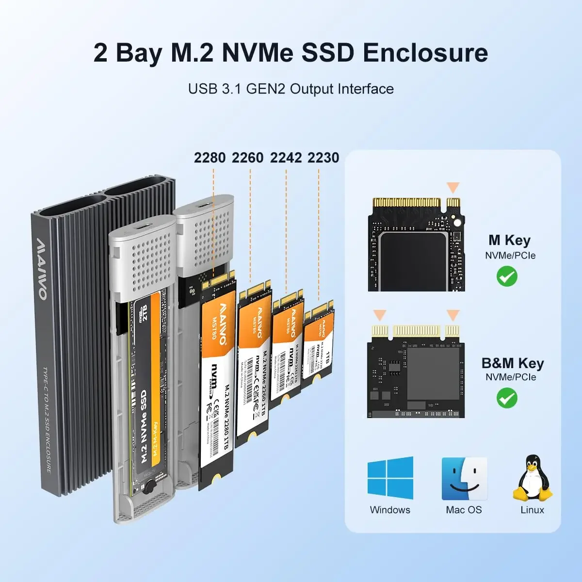 MAIWO Dual Bay 10Gbps M.2 NVMe SSD Enclosure USB3.2 Gen2 Type C 10Gbps PCIe Aluminum M2 SSD Case box With Built-in Cooling Vest