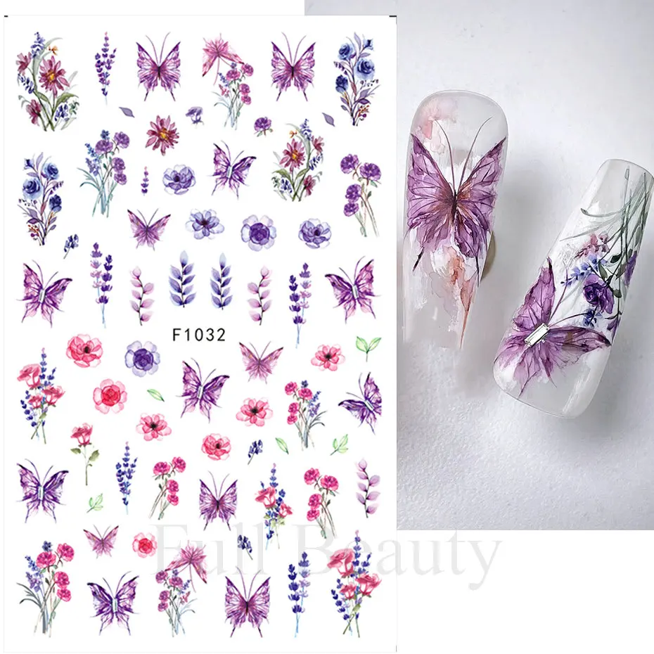 3D Lace Flowers Nail Stickers Purple Blossom Floral Butterfly Summer Nail Art Decals Decorations Adhesive Slider Tattoo Manicure nail stickers nail art decoration nail decals flower stickers