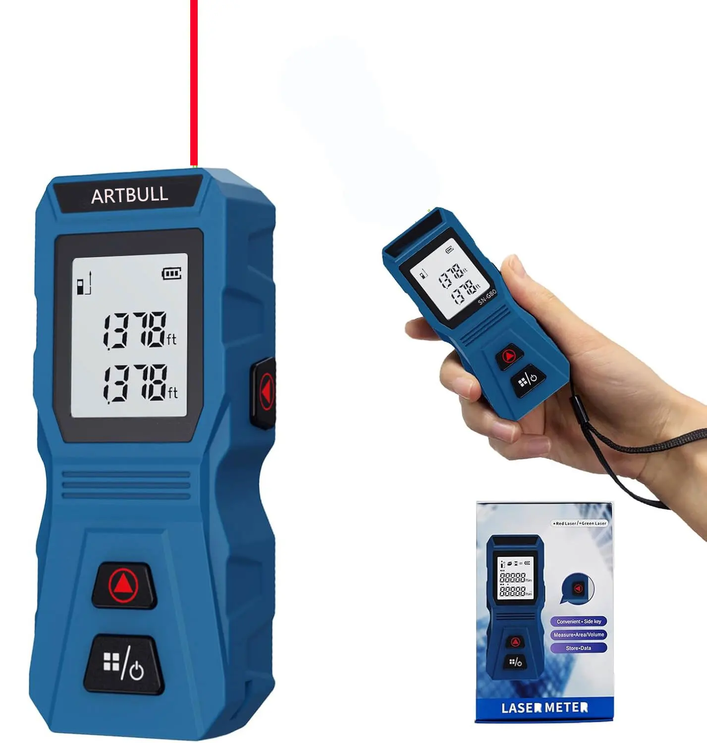 ARTBULL Laser Distance Meter 40m 60m Mini, Side Button ft m Units Measure Tape Rangefinder