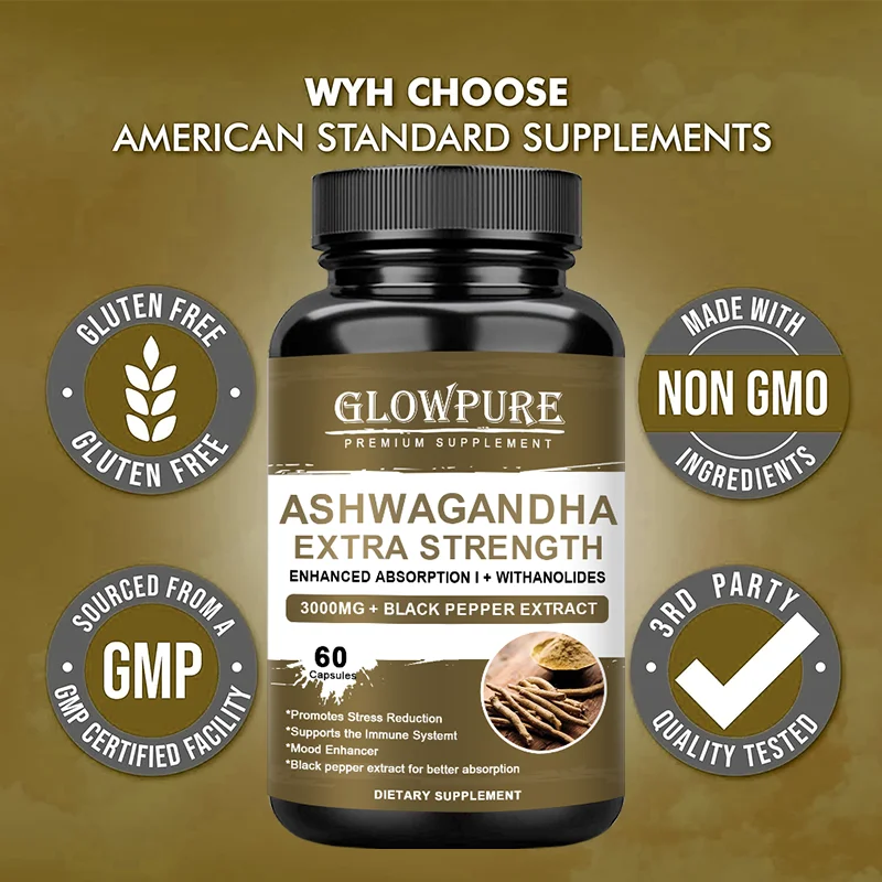 Ashwagandha Capsules Relieves Anxiety Stress Enhance Stamina Energy Focus Non GMO Vegan Supplement