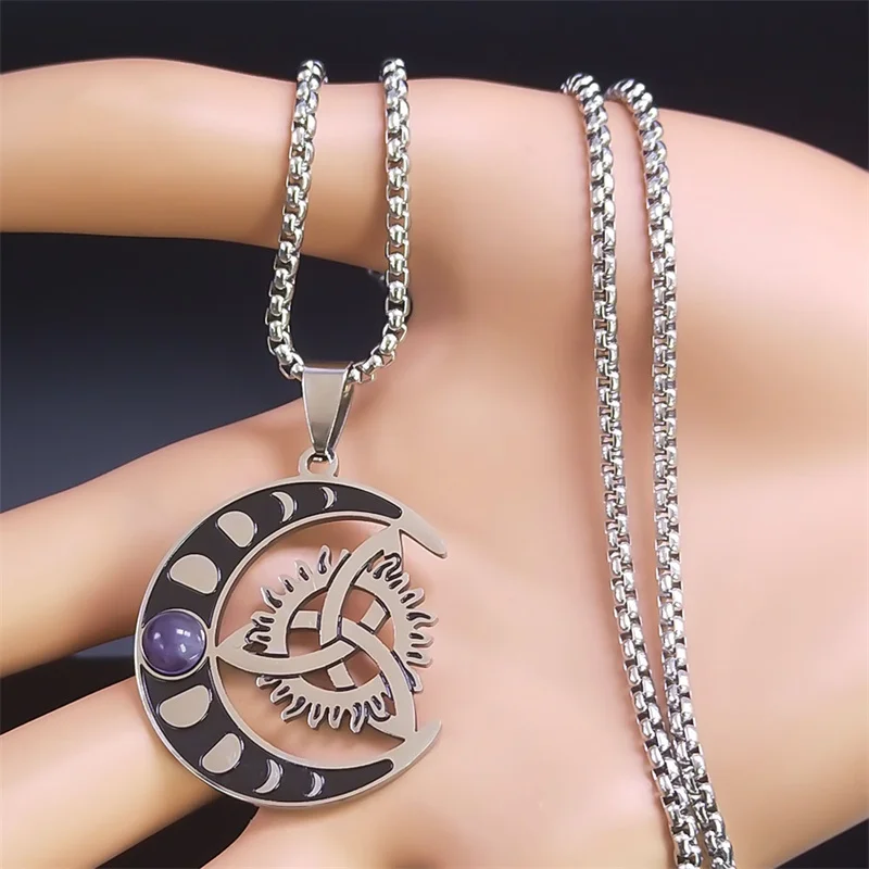 Wicca Halbmond Knoten Edelstahl Halskette für Frauen Männer Hexe keltische Dreieinigkeit Knoten Halsketten Schmuck Collier n8152s01 – Detail 3