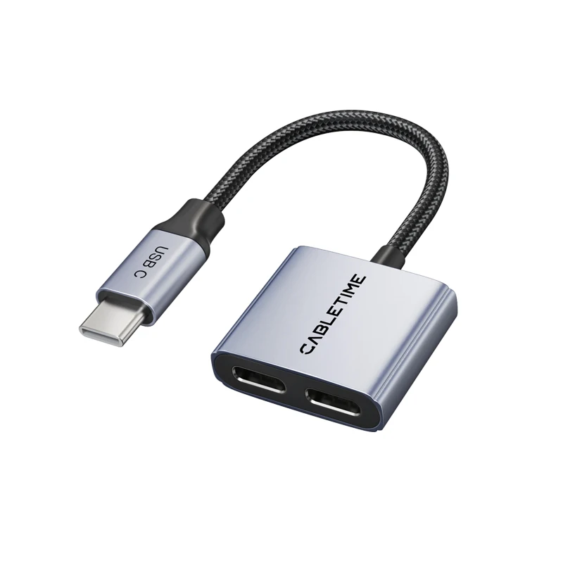 USB C to Dual USB C Headphone & Charger Adapter - 2-in-1 PD 60W Fast Charging Aluminum Adapter with Hi-Fi Audio