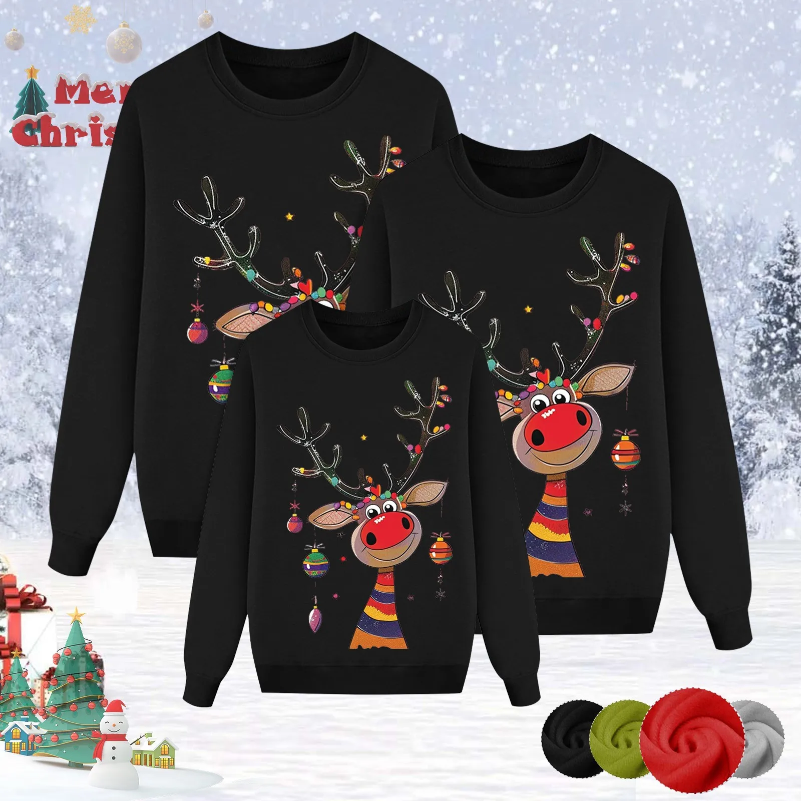 thumbnail image 4 of Pijamas navideños familiares informales con estampado de renos, sudaderas, tops, trajes a juego de manga larga para padres e hijos para otoño e invierno, 4 of 5