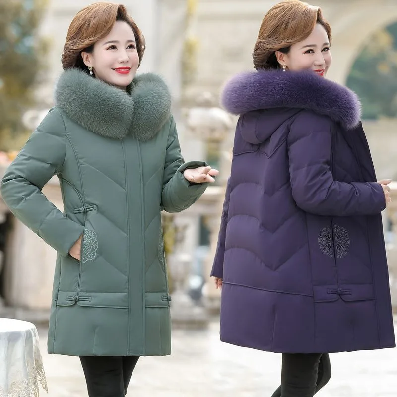 2023 New Women Down Jacket Winter Coat Female Keep Warm Thick Parkas Loose Long Outwear Artificial Fur Collar Hooded Overcoat