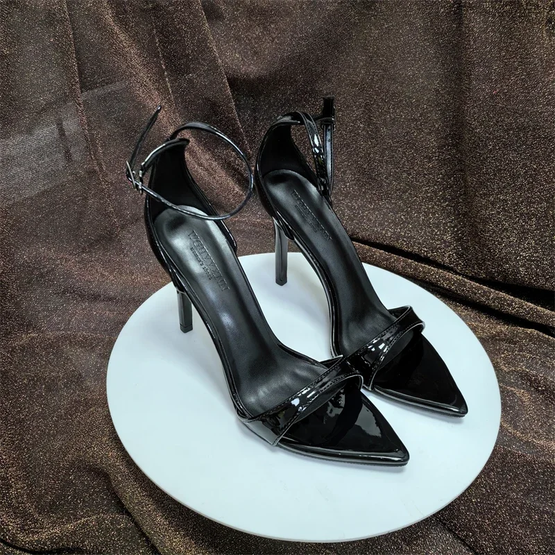 Women Naked pointed thin heel summer patent leather one-piece buckle sandals exposed toes women sandals