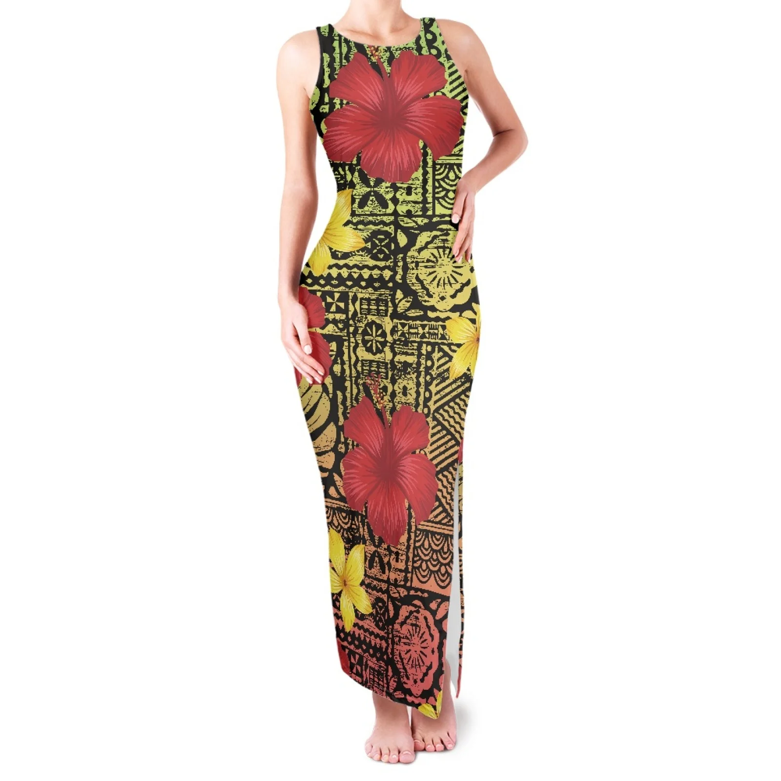 

Women's Sleeveless Cheongsam Style Dress, Aesthetic Dress, Colorful Hibiscus Flower Designs, Polynesian Tribal, Classic Clothing
