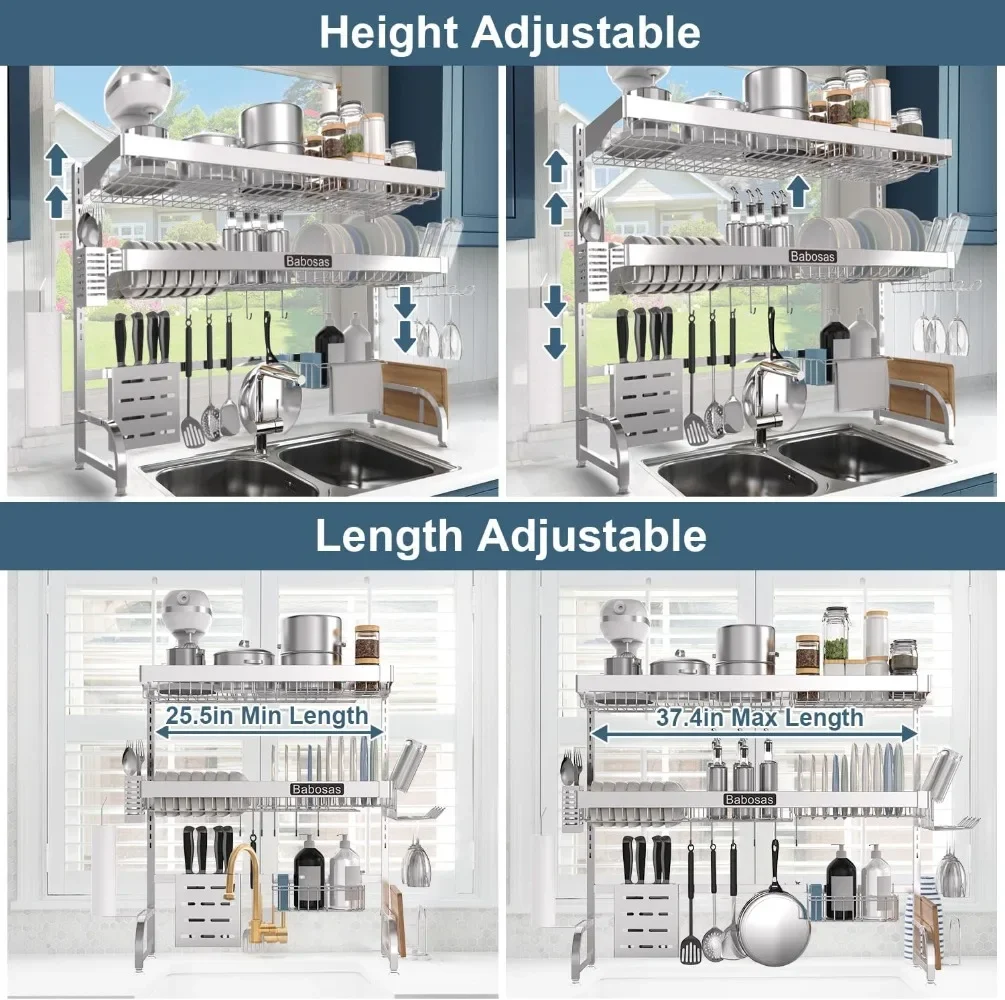 Over The Sink Dish Drainer Drying Rack,3 Tier Adjustable Length (25.5'' to 37.4'') Full Stainless Steel Large Storage Kitchen 4