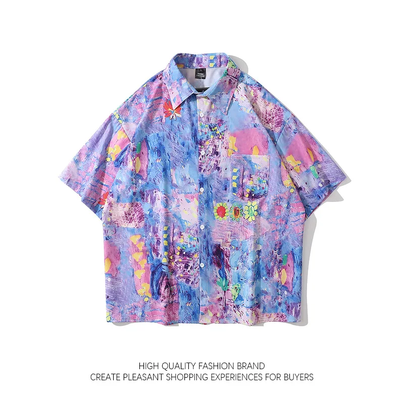 

Street Hip-hop Full Print Short Sleeved Shirt Men Women High Street Trendy Brand Top Loose Casual Versatile Couple Flower Shirt