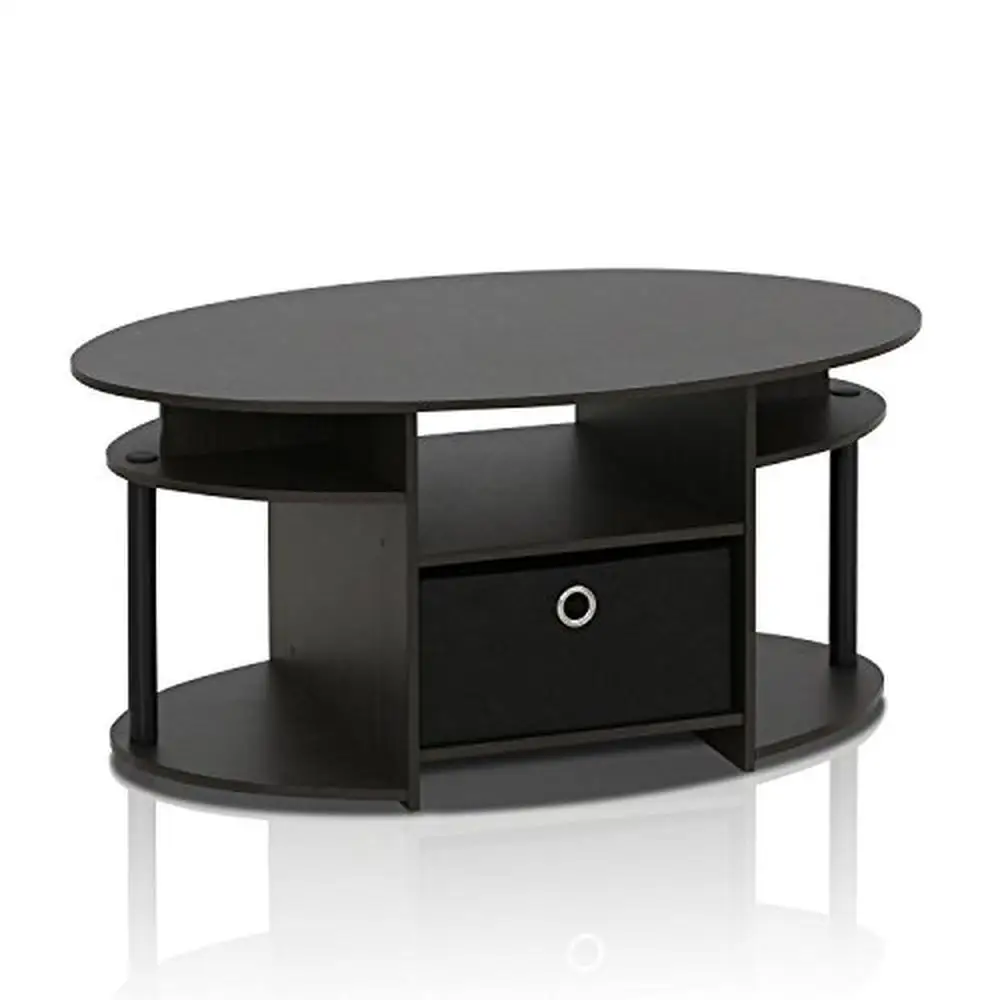 side end table lift top coffee table Oval Coffee Table with Built-in Shelves and Bin Simple Design E1 Grade Composite Wood Fits Any Room and Budget Walnut Color Easy