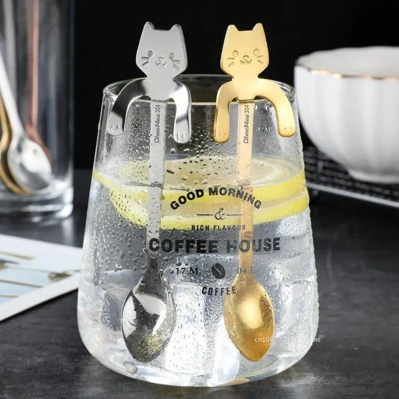 Stainless Steel Spoon Stainless Steel Coffee Spoon Cartoon Cat Cup Telpher Teaspoon Dessert Scoop Ice Cream Mini Stir Spoons Tableware Kitchen Tools