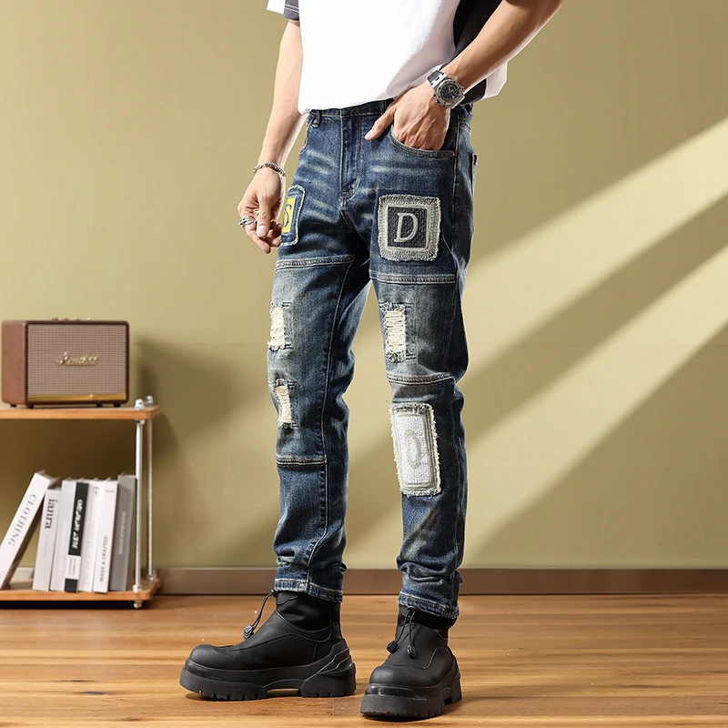 High quality jeans men's patchwork slim fitting small straight leg pants embroidered mens cargo jeans clothing  ripped jeans