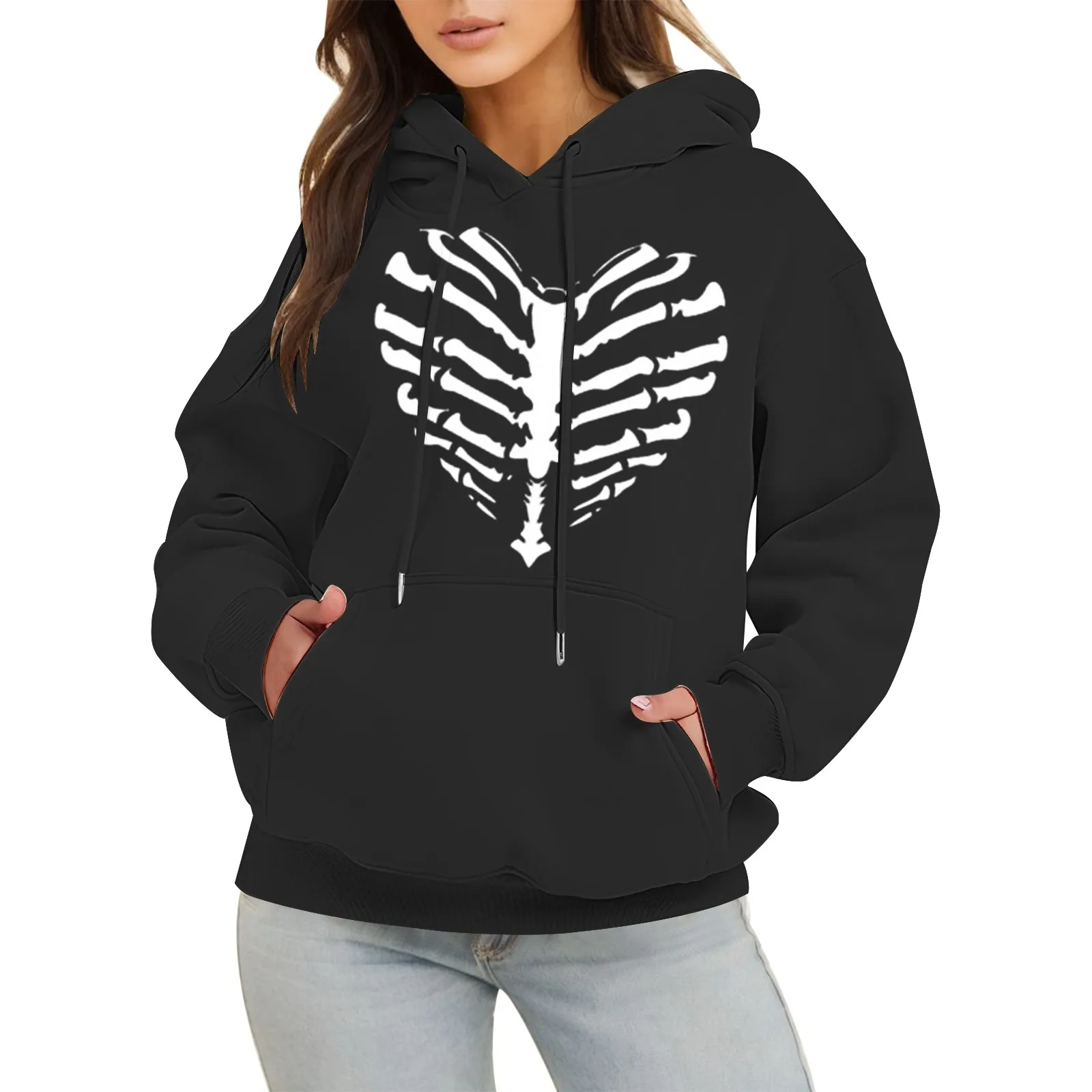 

90s Skeleton Hoodies Women Fleece Long Sleeve Pullover Pocket Sweatshirts Pullover Tracksuit Gothic Punk Hip Hop Sweatshirt Tops