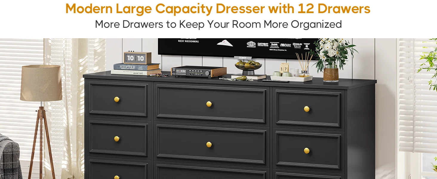 Description Picture 2 of itemLarge Dresser with 12 Drawers for Bedroom, 61.4'' Long Modern Chest of Drawers, Black Wide Dressers Clothes Closet,