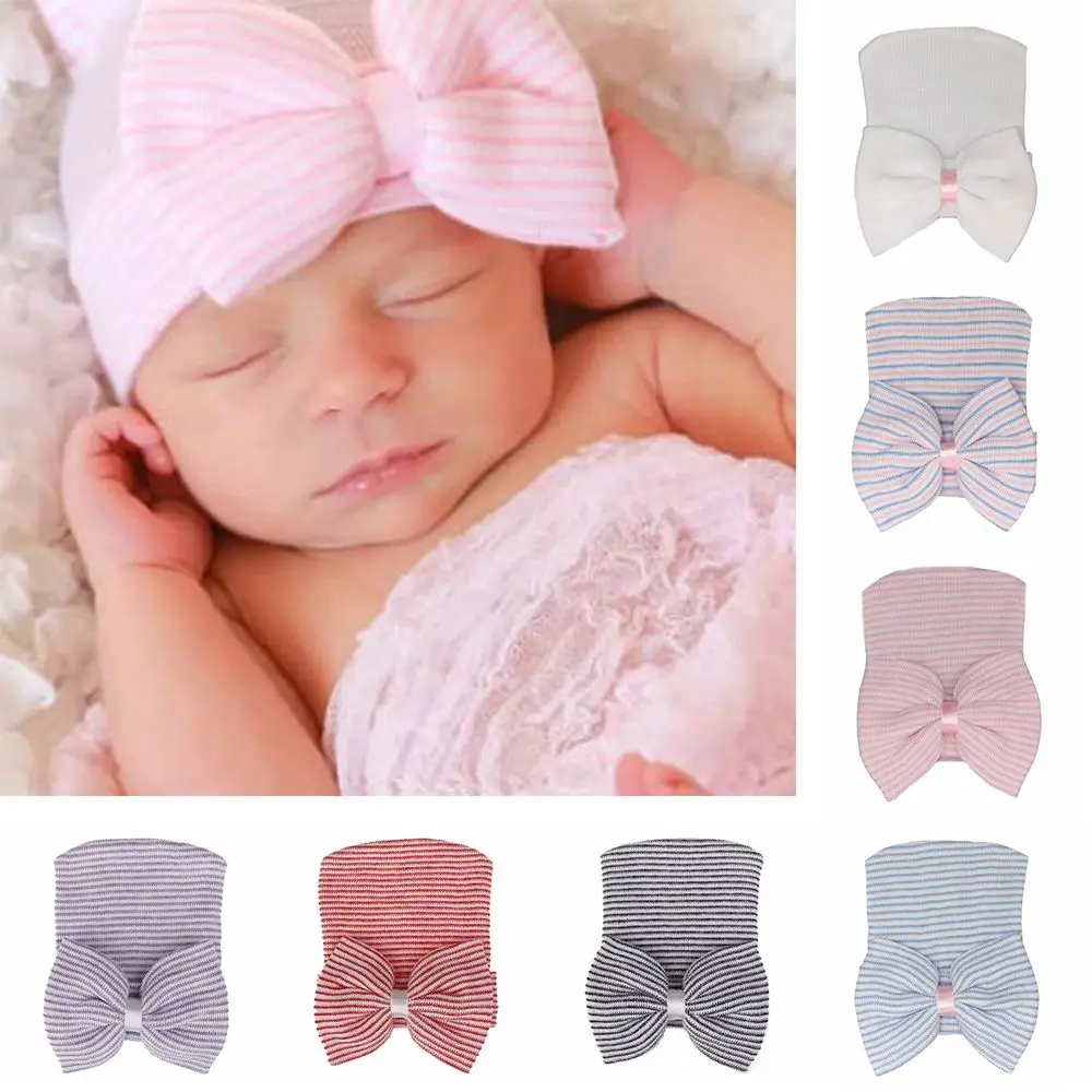Newborn Hospital Hat Baby Hats Nursery Beanie Cap with Bow Cute Stripe Infant Hat Soft Turban Hats for Baby Girls